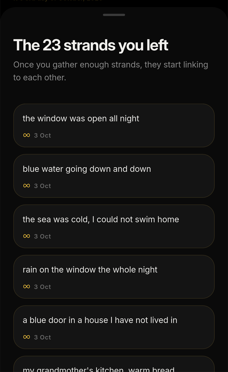 The Strand gallery: 'The 23 strands you left', above a list of saved strands such as “blue water going down and down” and “the sea was cold, I could not swim home”.